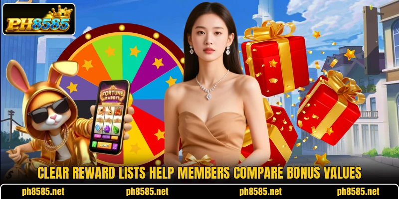 Clear reward lists help members compare bonus values Clear reward lists help members compare bonus values